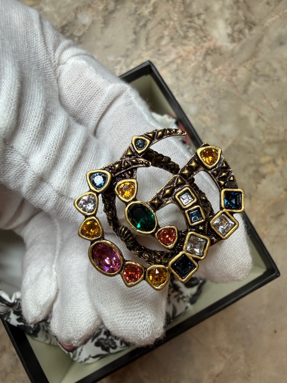 Gucci Gold-Tone Multicolor Adjustable Crystal Double G Ring.
